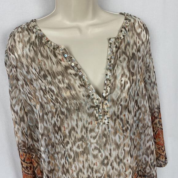 Chicos Tunic Top Size 3 Brown Orange Ikat Beaded Sequin Sheer Boho Artsy XL 1X - Picture 2 of 12